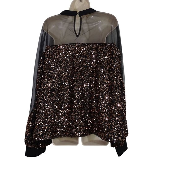 Shein Curve Black Sequin Sheer Mesh Blouse Long Sleeve 3XL US 18 Keyhole Back - Picture 4 of 11